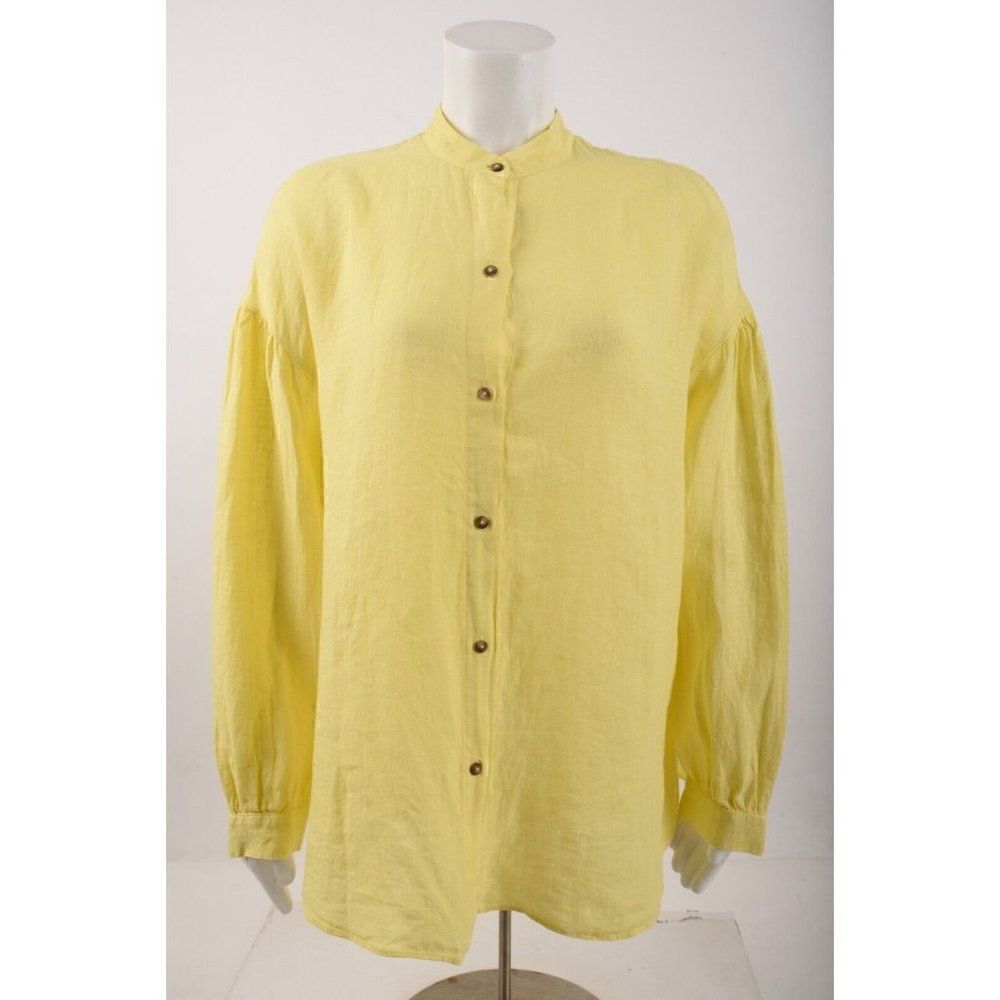 Massimo Dutti Womens Shirt Blouse Linen Yellow S Balloon Sleeve 5191/512 NWT